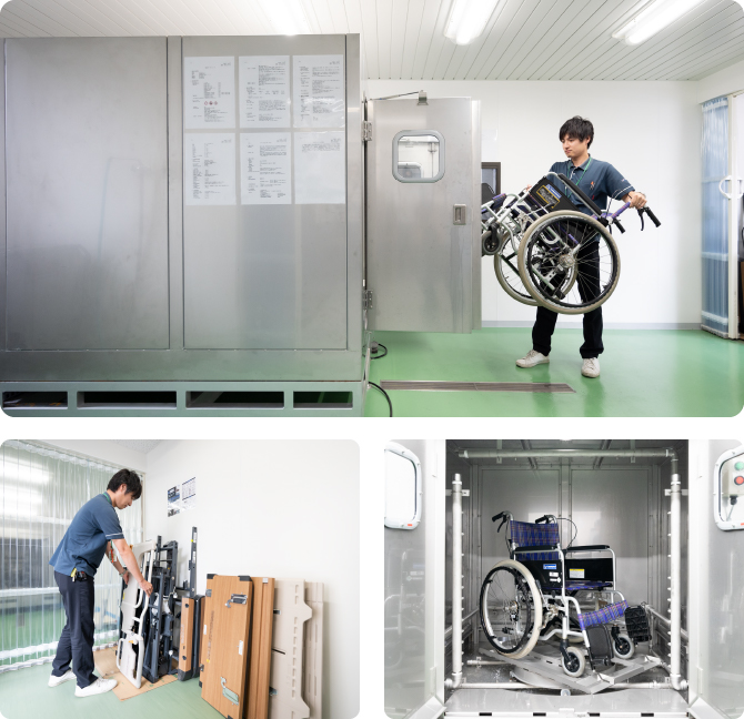 細かい部品までキレイに洗いあげる専用の洗浄設備。